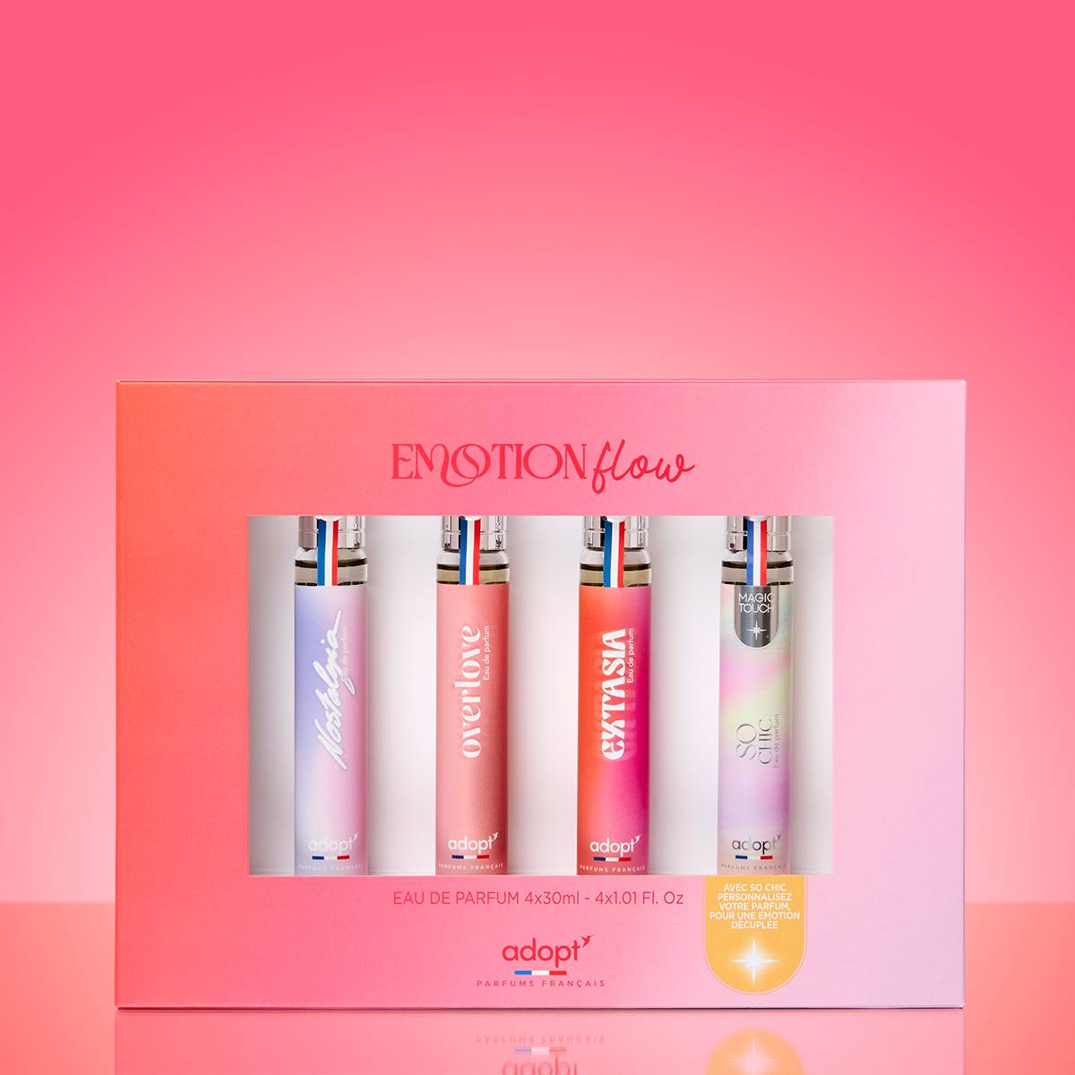 Coffret Adopt Emotion Flow avec les quatre eaux de parfum Nostalgia, Overlove, Extasia et So Chic