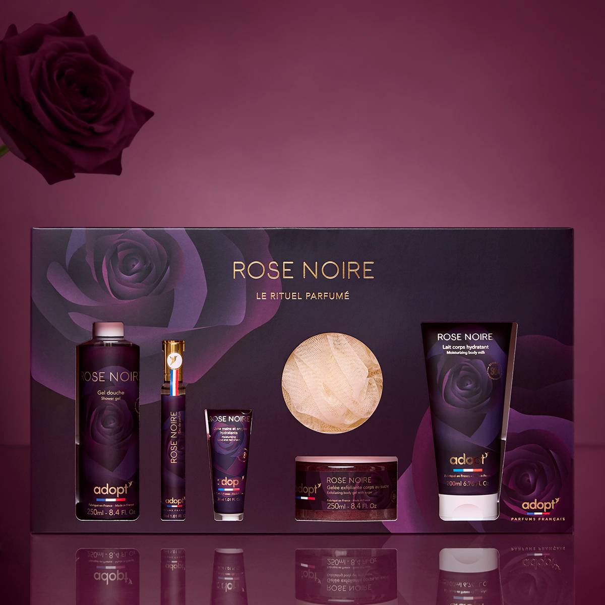 Rose Noire - Cofre Rose Noire eau de parfum 30 ml + gel de ducha 250 ml + loción corporal 200 ml + crema de manos 30 ml + exfoliante de azúcar 250ml + flore de baño