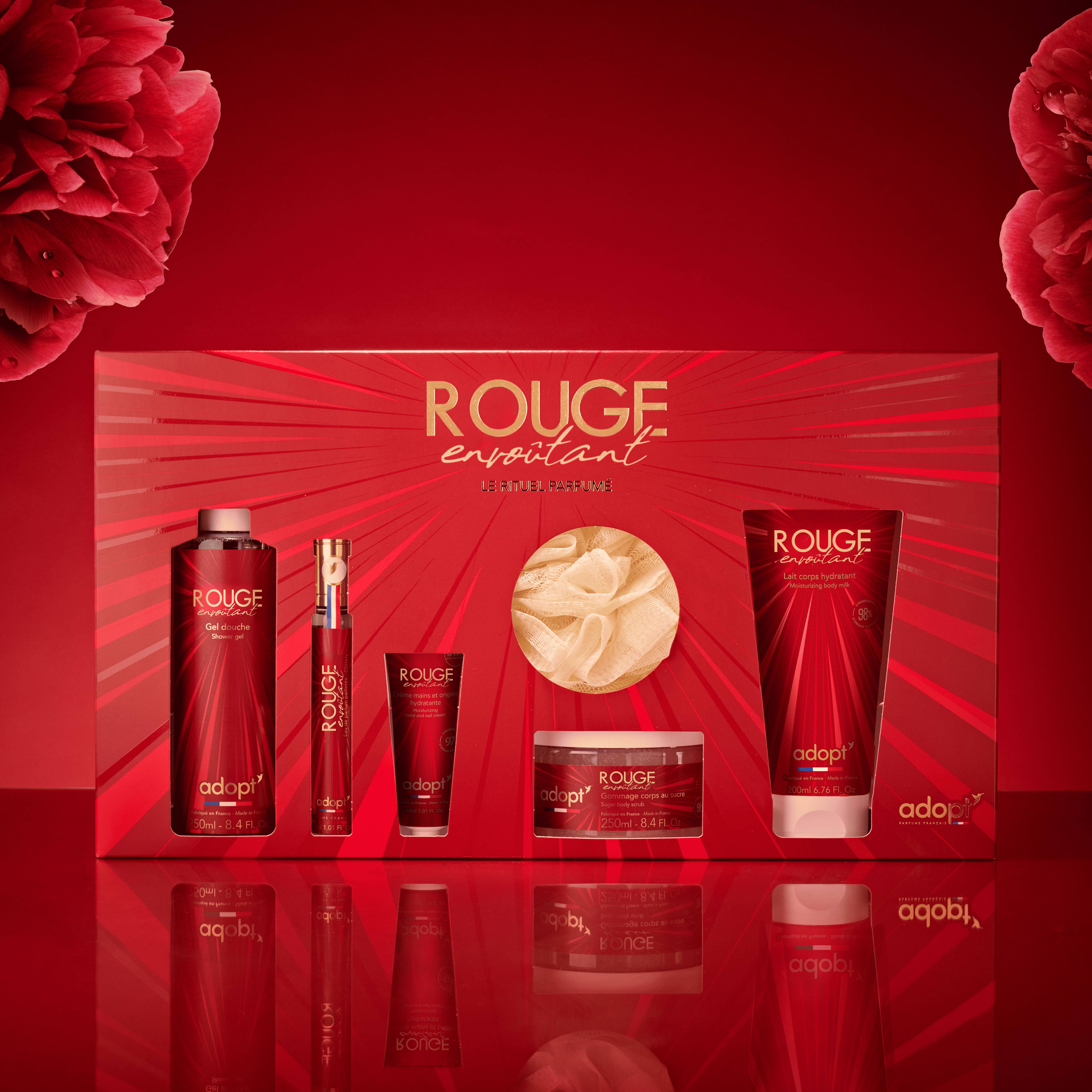 Rouge Envoûtant - Coffret Maxi eau de parfum 30 ml + lait corps 200 ml+ gel douche 250 ml + gommage 250 ml + crème main 30 ml + fleur de bai 